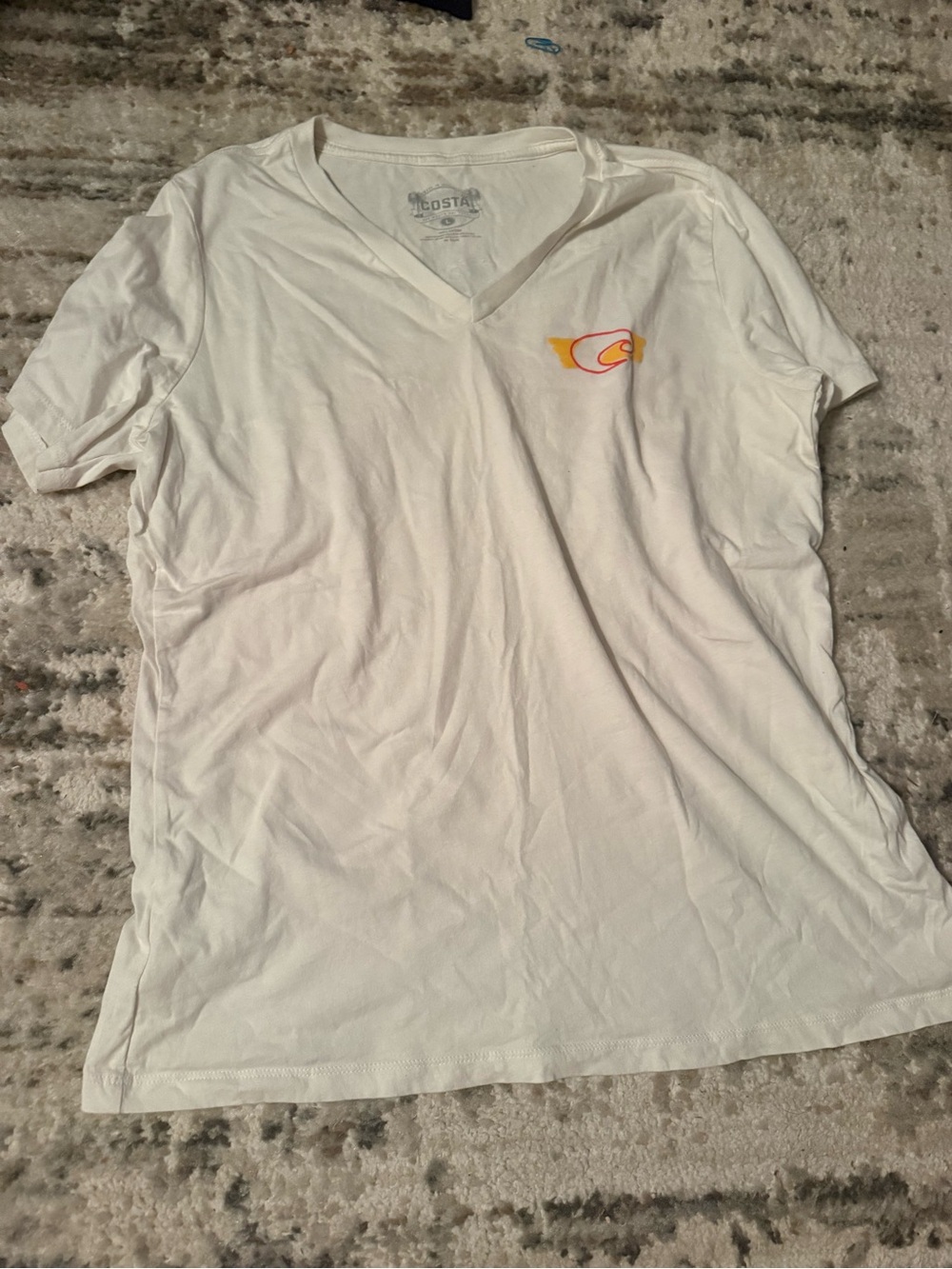 Costa White V-Neck Short Sleeve Tee with Yellow-Orange Logo